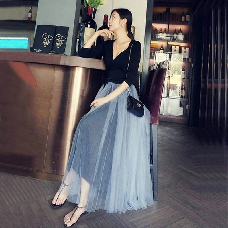 UPPIN New Spring Tulle Skirts Womens Fashion Girls Mesh Tutu Skirt Pleated Long Skirts Midi Skirt Saias Faldas Jupe Femme - Цвет: black lining