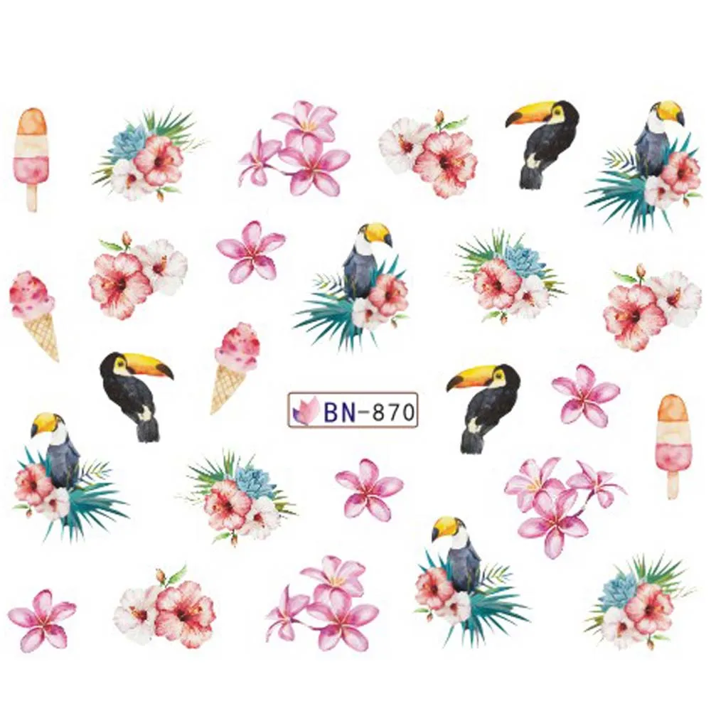 1 шт Цветочные Слайдеры для ногтей переводные наклейки с водой Фламинго роза лист для клея ногтей художественные украшения сделай сам советы JIBN865-876 - Цвет: BN870