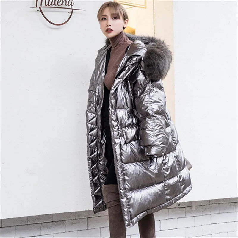 Новая Корейская версия свободного кроя серебряного блестящего пухового пальто с большим меховым воротником утолщенная длинная пуховая куртка выше колена yy355