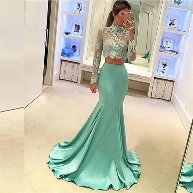 Lange Mint Prom Dresses Zeemeermin 2020 Tweedelige Lace Top Satin Rok Robe De Soiree Formele Party Dress Elegant Sexy avondjurken Lange Mint Prom Dresses Zeemeermin 2020 Tweedelige Lace Top Satin Rok Robe De Soiree Formele Party Dress Elegant Sexy avondjurken