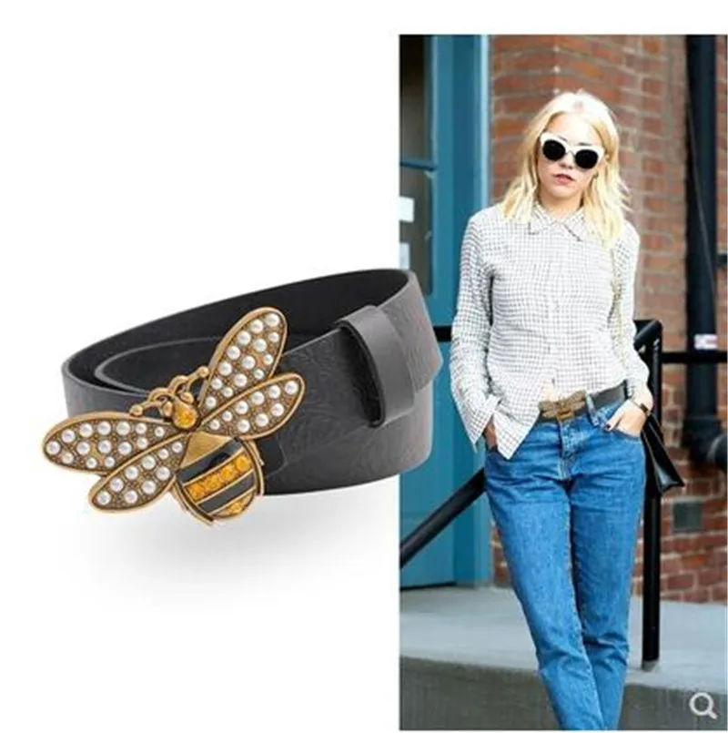 

High quality bee buckle black leather belt men and women leather jeans belt