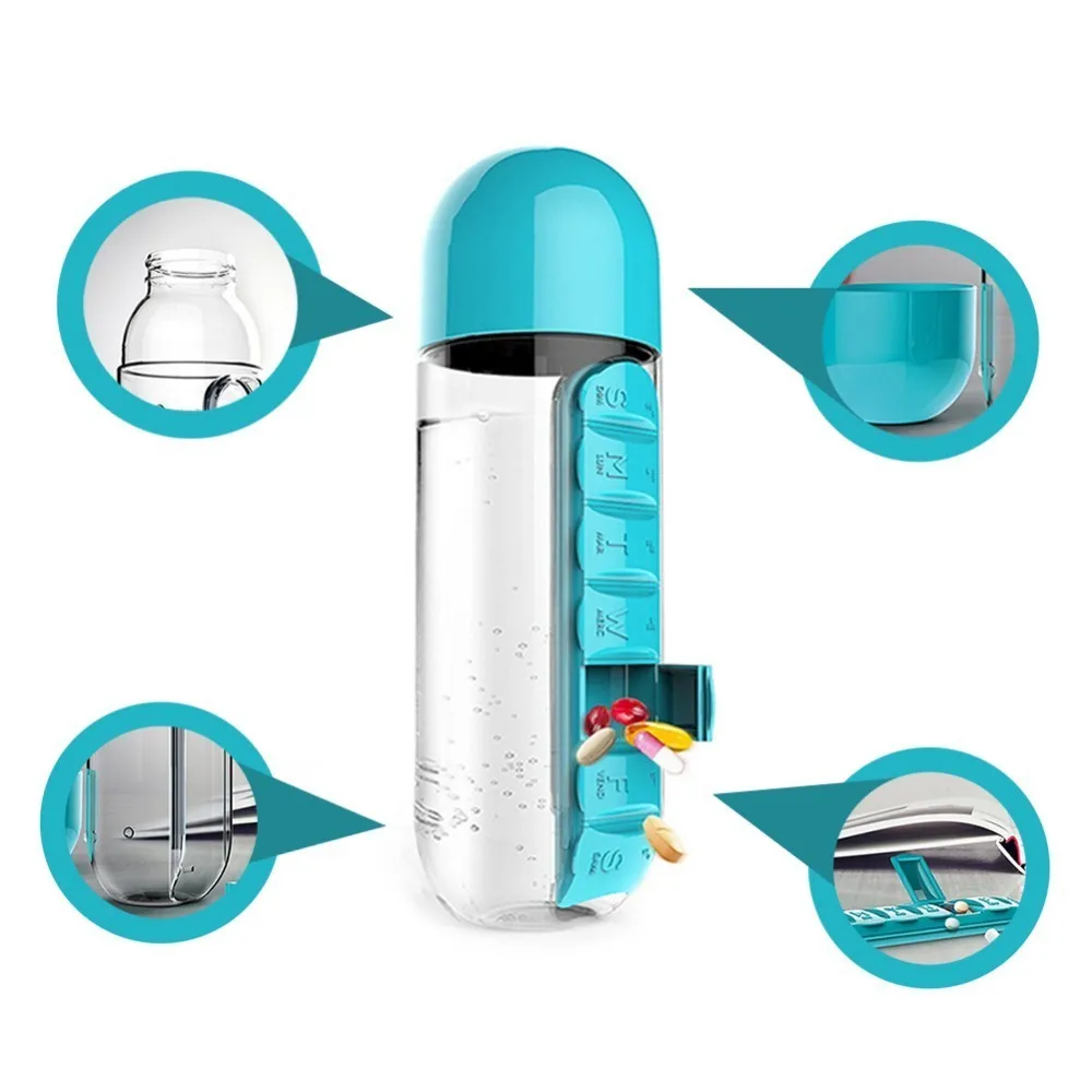 600 мл пластиковая бутылка для воды с коробкой для ежедневных таблеток Органайзер бутылки для питья спортивные походные бутылки