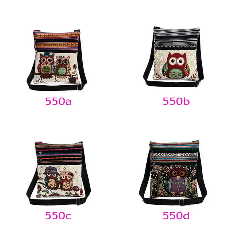 

Fashion Ethnic Style Women Messenger Bags Dual Zipped Cartoon Owl Embroidered Shopping Dating Ladies Girls Shoulder Bag
