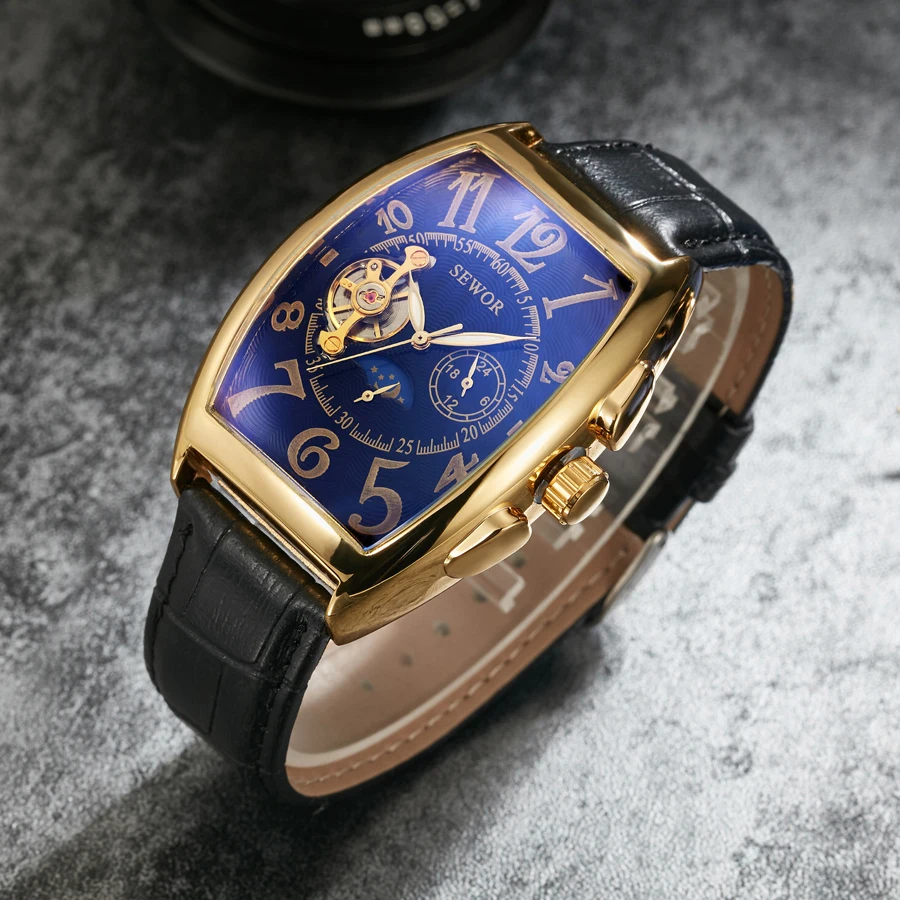 الذهب توربيون الميكانيكية ووتش ريترو مصمم مستطيل أسود جلد الرجال عارضة ماركة الساعات الرجال الفاخرة sewor ساعة جديدة