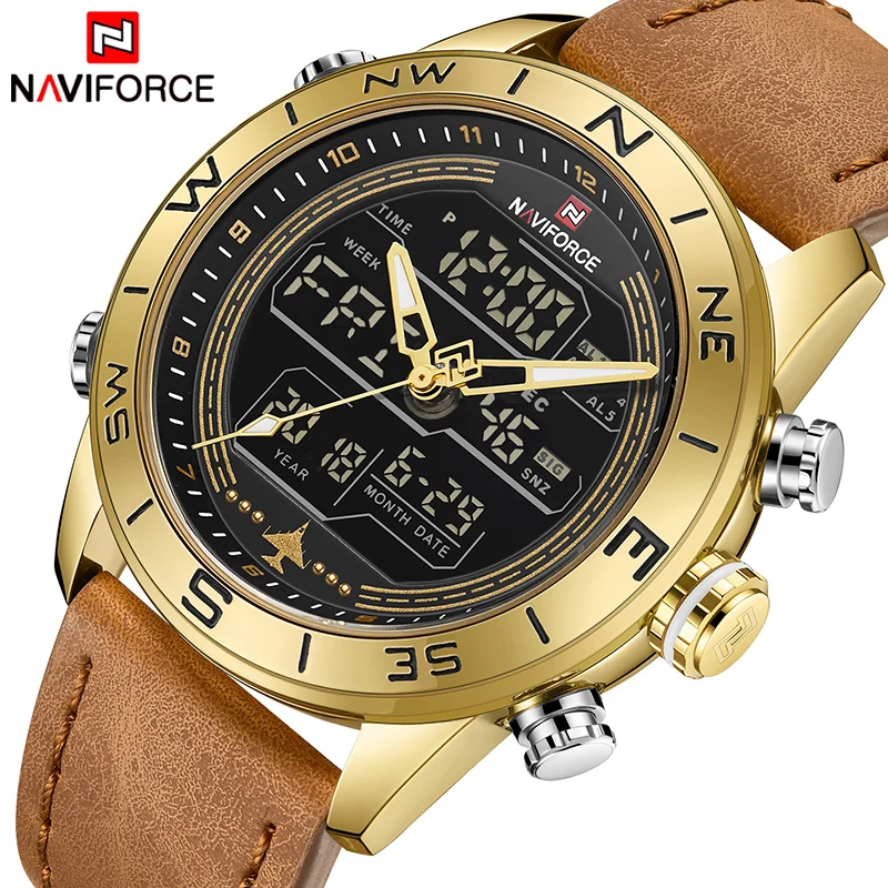 Vente Hommes Montres NAVIFORCE Top Marque De Luxe En Cuir Sport Montre Bracelet Hommes Étanche Militaire Quartz Numérique Horloge relogio masculino