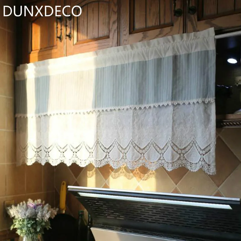 DUNXDECO Короткая занавеска для кухни, двери, половина Cortinas, средиземноморский синий, белый, в полоску, свежая вышивка, хлопок, Ридо, домашний декор