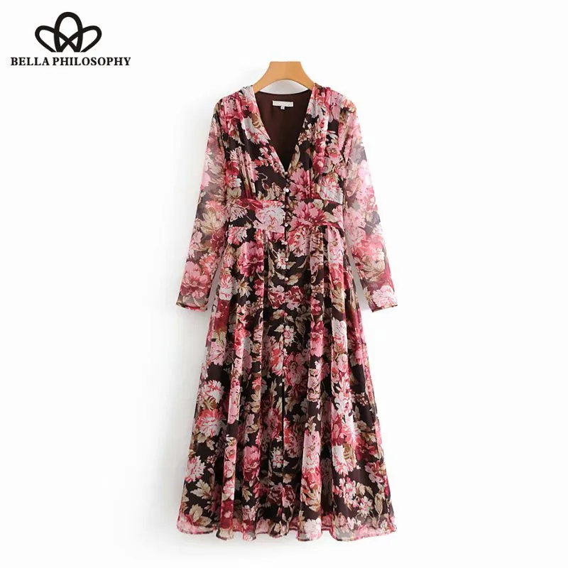 

Wonder 2018 new autumn vintage v neck long sleeve floral printing long dress ladies high wasit split vestidos chic party dress