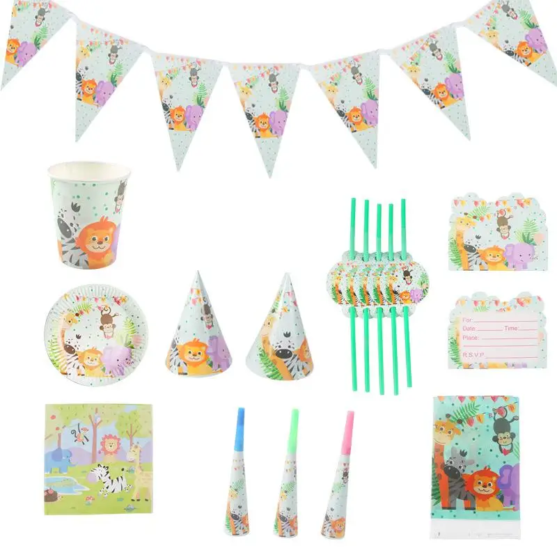 

For Kids Birthday Jungle Animals Party Supplies Disposable Tableware Paper Plate Cup Straw Popcorn Box Hat Balloon Cupcake Decor