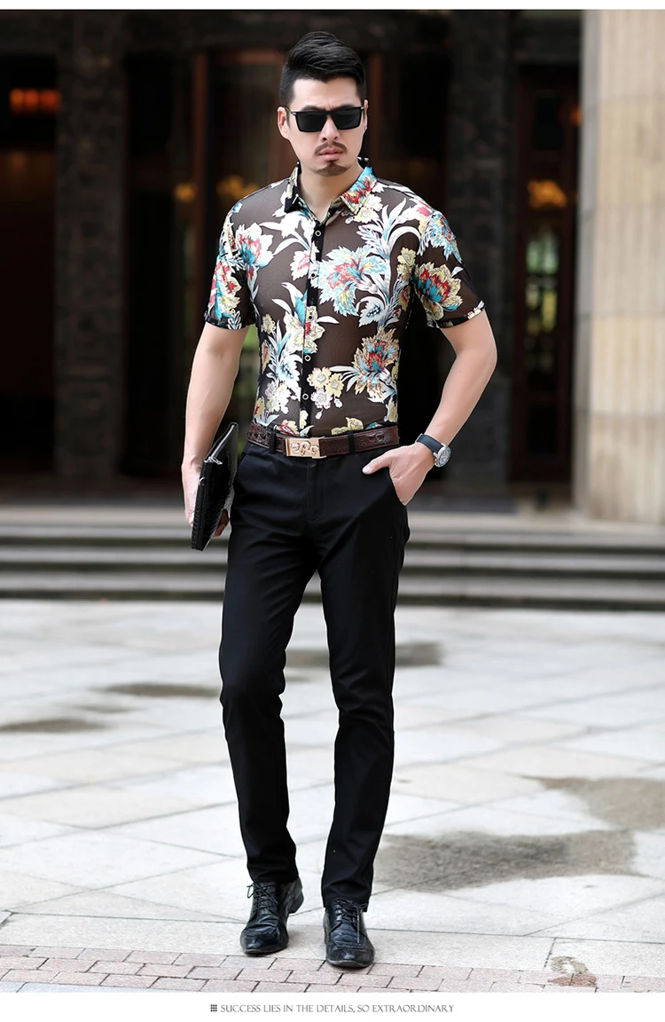 Изысканная шелковая Роскошная рубашка с короткими рукавами и 3d цветочным узором, летняя Новинка, высокое качество, дышащая мужская рубашка M-3XL