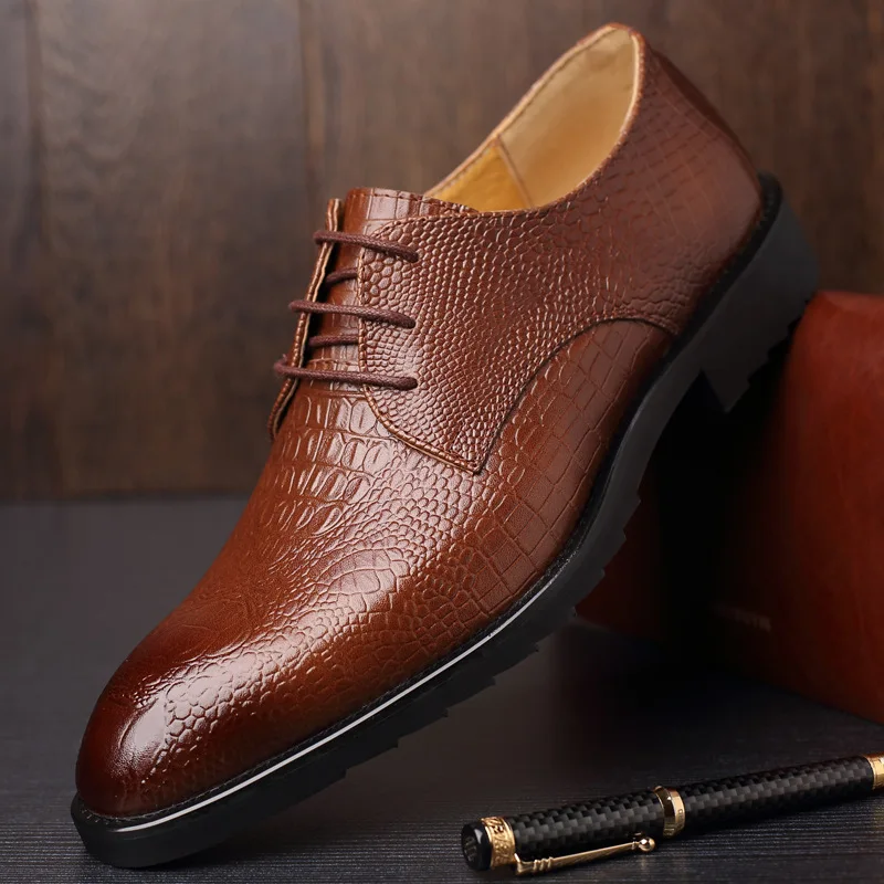 

Dropshipping 2019 mens new fashion Crocodile pattern dress leather shoes male business wedding office laced up shoes A219