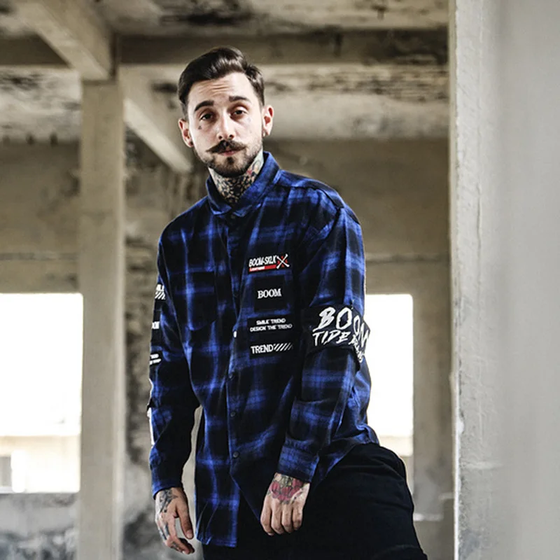 

Fashion New Rap Red Plaid Shirt Male Loose Hip Hop Behind Patch Shirt Casual Cotton Female Trend Personality Long-sleeved Shirt