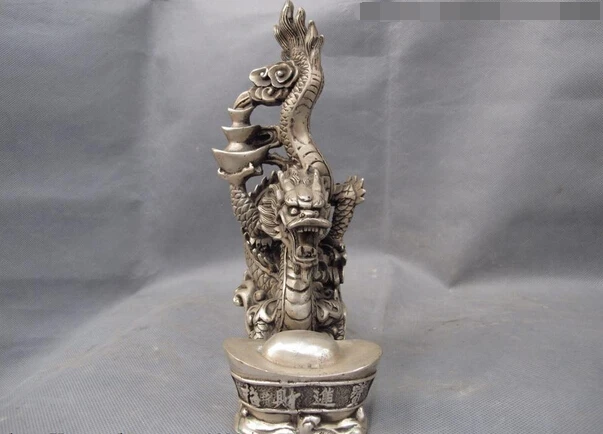 

USPS to USA S3306 Chinese White Copper Silver Fengshui Lucky Wealth Yuanbao Zodiac Dragon Statue B0401