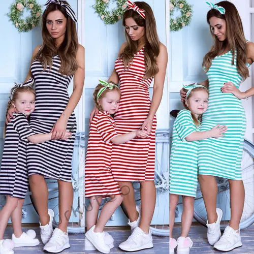 

Mother and Daughter Matching Stripe Dress Women Kids Girls Casual Family Clothes Family Striped Cotton Kneel Length Dresses