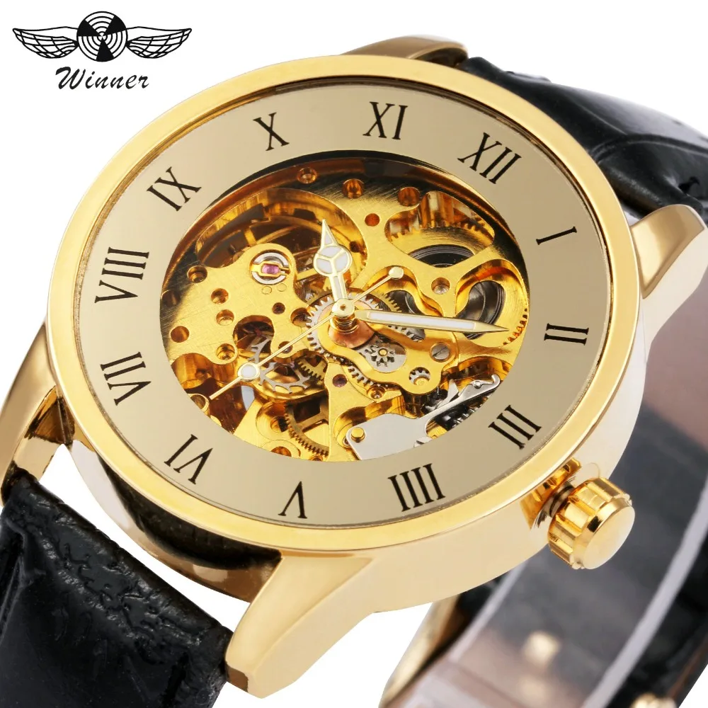

WINNER Royal Men Luxury Automatic Mechanical Watch Black Leather Roman Number Skeleton Dial Design Masculino Wristwatch + BOX
