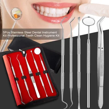 

5Pcs Stainless Steel Dental Instrument Kit Teeth Scraper Mouth Mirror Probe Scaler Tweezers Set Professional Teeth Clean Hygiene