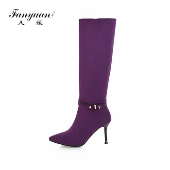 

Fanyua 2018 Plus Size 34-43 Zip Up Pointed Toe purple Black Boots Woman Shoes Thin High Heels Knee High Boots Shoes Woman