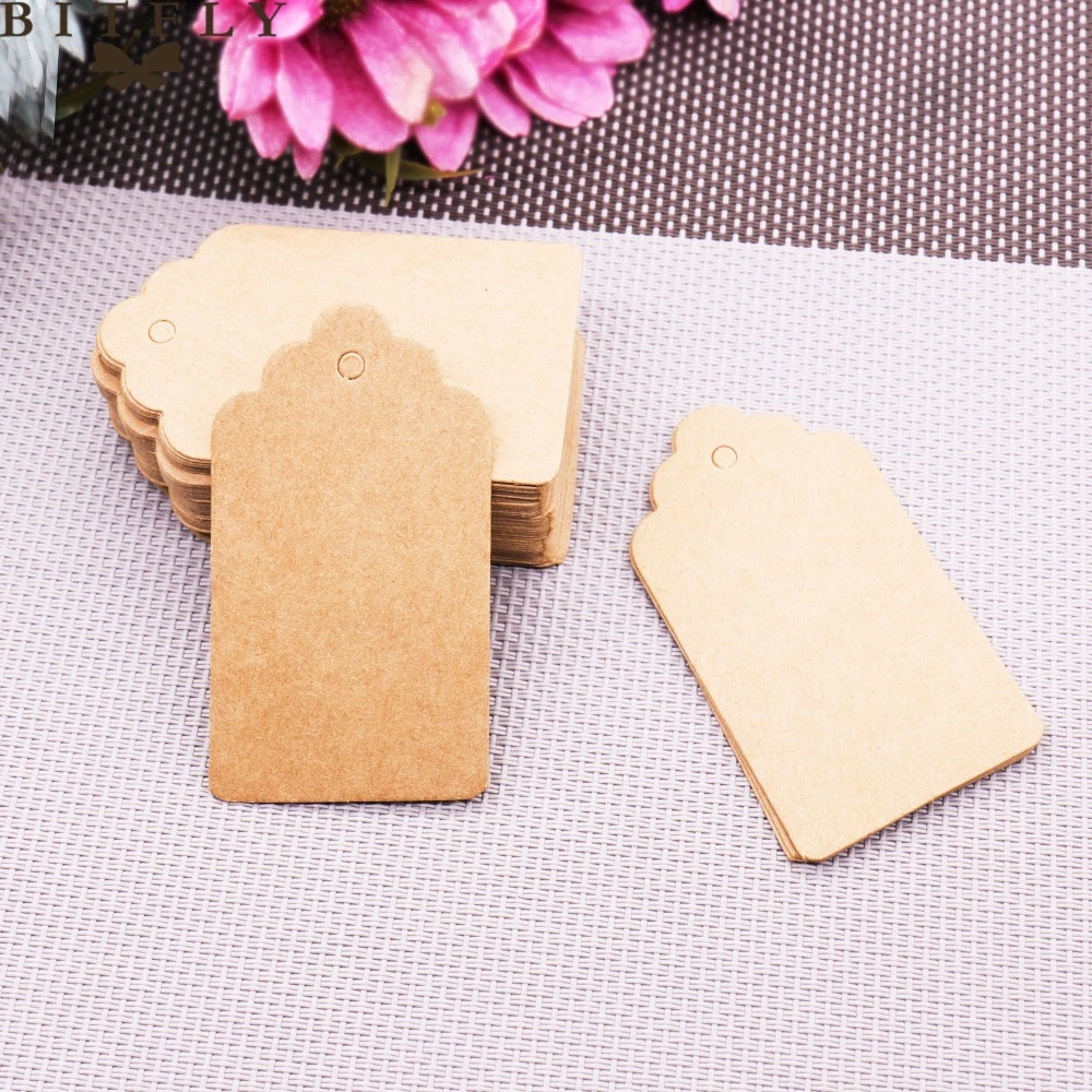 100pcs Kraft Paper Tags Scalloped Rectangle Blank label DIY Wedding Scrapbooking 