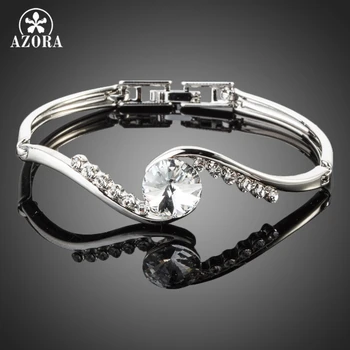 

AZORA White Gold Color Transparent Round Stellux Austrian Crystal Paved Bangle Bracelet TB0016