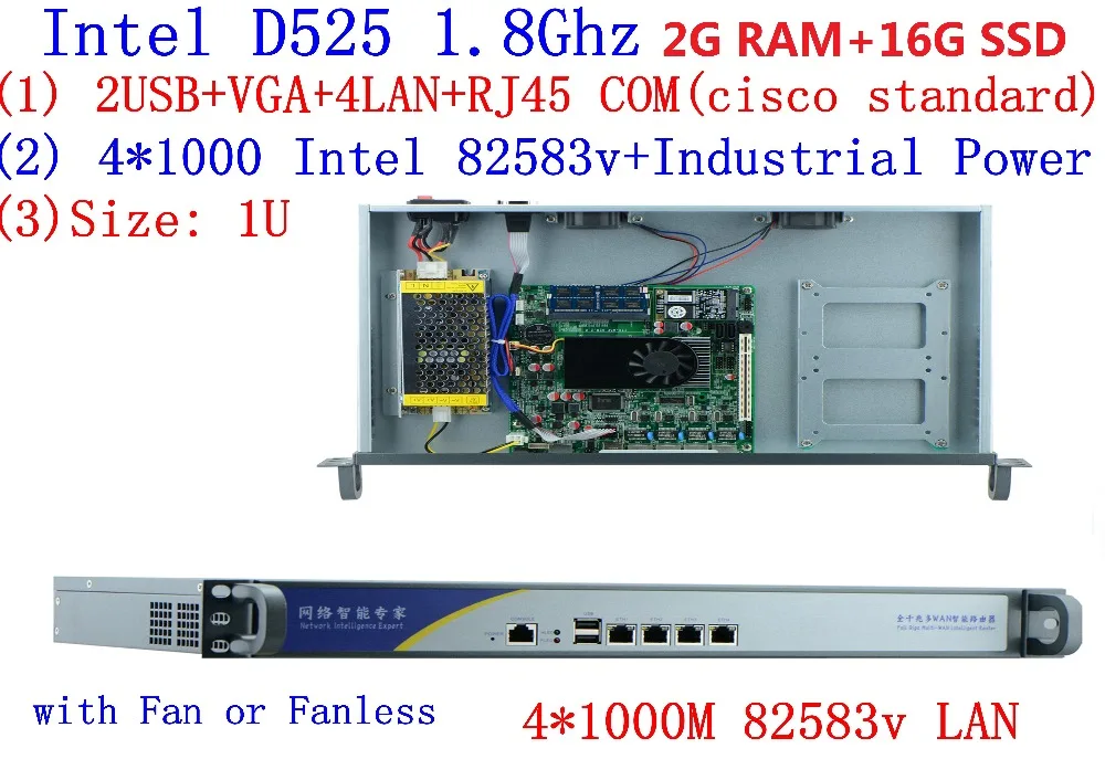 Домашний сервер, сетевой брандмауэр с 4* Intel 1000M 82583 RJ45 120 W, Промышленный источник питания, поддержка ROS Mikrotik и т. д., 2 Гб ram, 16 Гб SSD