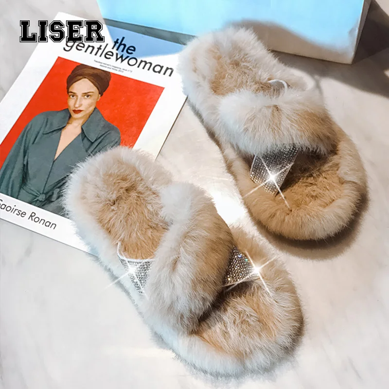 

2019 winter real rabbit fur slippers women flat flip flops warm shining crystal bands cute sliders ladies indoor casual shoes