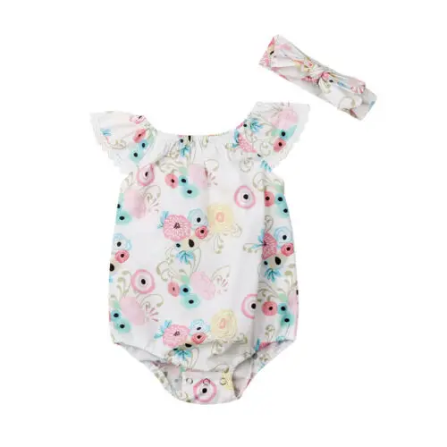 

Baby Girls Clothes Cotton Light Color Sleeveless Romper Flowers Off Shoulder Jumpsuit Outfits Sunsuit Clothes 2Pcs