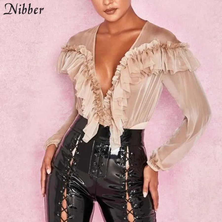 Nibber الربيع البرية أنيقة الأسود الكامل كم bodysuits2019hot الأزياء الفرنسية رومانسية الكشكشة مكتب السيدات عارضة مثير ارتداءها