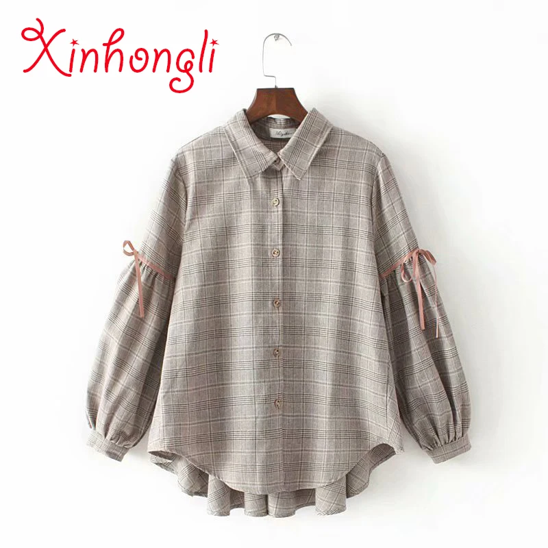 

Plus size ribbon lantern sleeve cotton women A-line blouse 2019 spring casual ladies Plaid gray brown loose bottom shirts female