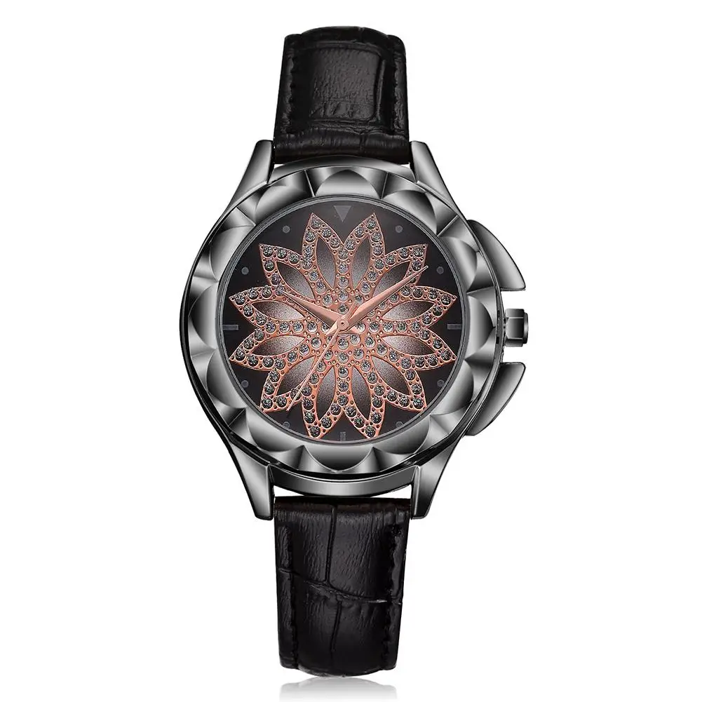 

Rhinestone Flower No Numbers Quartz Fashion Women Faux Leather Party Wrist Watch Bracelet Fashion 2018 lady