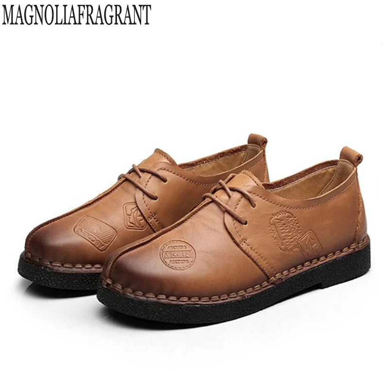 Retro Genuine Leather England Shoes For Women Round Toe Casual Shoes