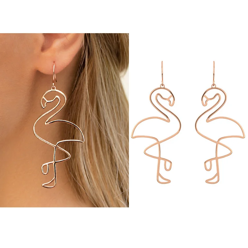

Hot Selling Metal Rose Gold Hollow Flamingo Earrings For Women Personality Exaggerated Ladies Party Novelty Jewelry