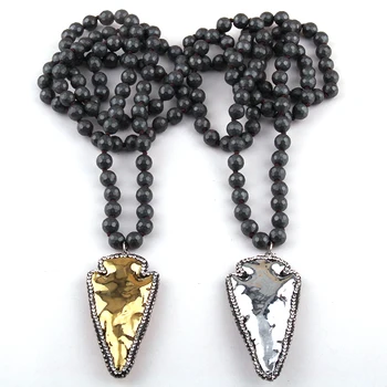 

Fashion Faceted Hematite Stone Long Knotted Neck Handmake Paved Arrowhead Pendant Necklaces For Women Ethnic Necklace