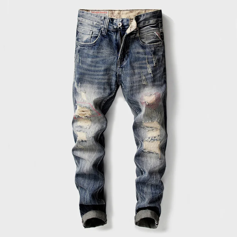 

Fashion Streetwear Men Jeans Vintage Designer Slim Fit Destroyed Ripped Jeans For Men Hip Hop Pants hombre Biker Jeans homme