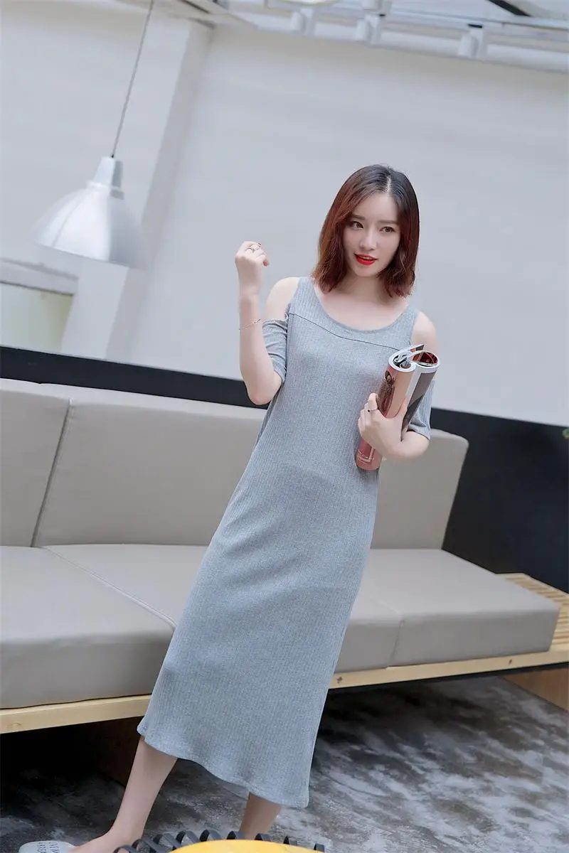 2018 South Korean Girl Sexy Summer Pits Cotton Leaky Shoulder Sleeves Long  Sleeves Big Size Dress Dress And Home Wear - Dresses - AliExpress