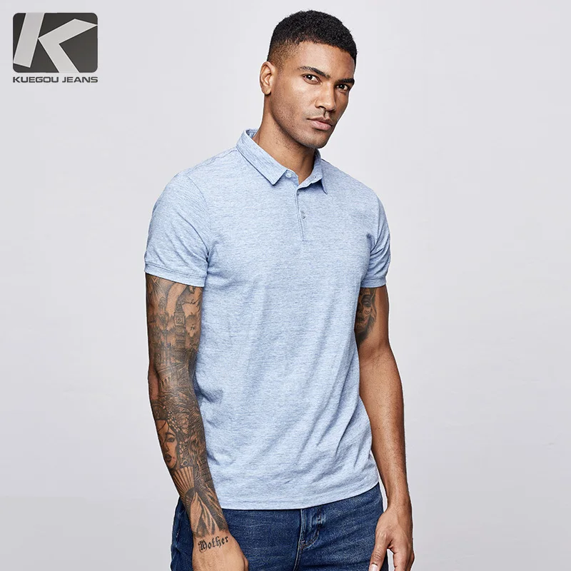 Tanie KUEGOU 2019 lato bawełna jednolity niebieski Polo koszula mężczyzn mody z krótkim rękawem Slim Fit Poloshirt mężczyzna odzież codzienna marki Top 447
