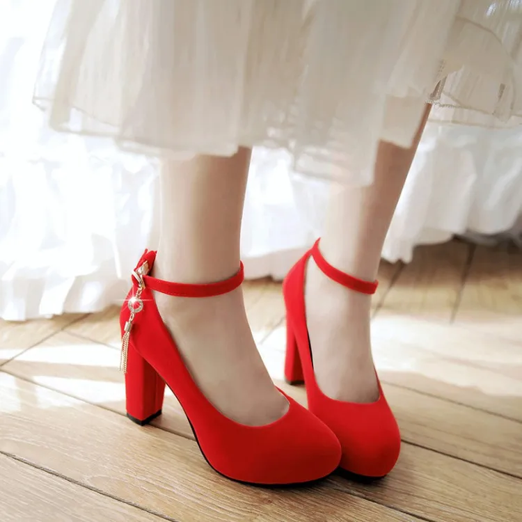 Big Size11 12 13 platform heels women shoes woman pumps ladies Suede with round head, shallow mouth and fringed metal decoration