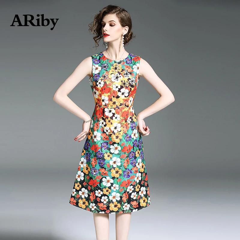 Women Dress 2019 Summer Fashion Lady Elegant Slim Fit Sleeveless Dress Floral Printed O-Collar Knee-Length A-Line Dress Vestidos Women Dress 2019 Summer Fashion Lady Elegant Slim Fit Sleeveless Dress Floral Printed O-Collar Knee-Length A-Line Dress Vestidos