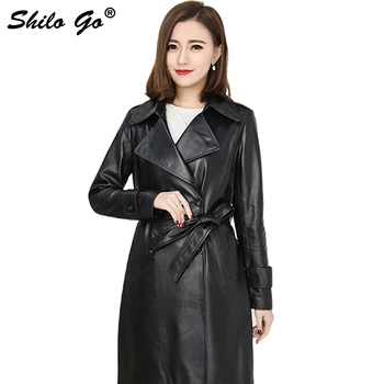 

SHILO GO Leather Trench Womens Spring Fashion sheepskin genuine Leather long coat laple collar bow belt single breasted coat