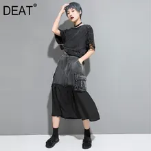 [DEAT] Новинка, весенне-летняя черная джинсовая юбка с высокой талией, с разрезом, хит, цветная стежка, свободная юбка, женская мода, JW05