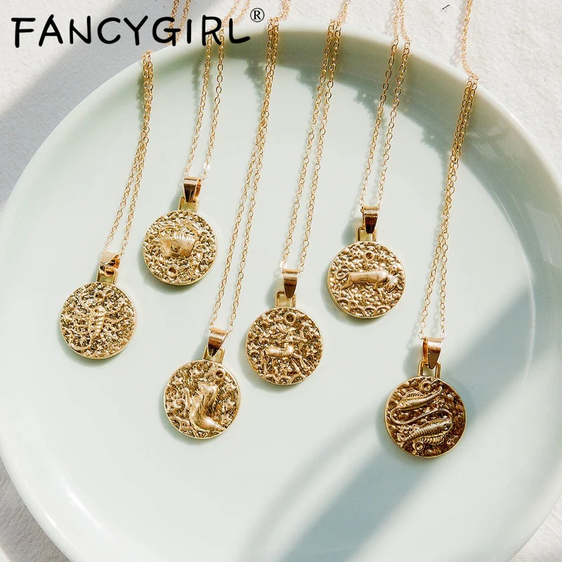 

2019 New 12 Constellation Necklace Women Gold Virgo Libra Scorpio Sagittarius Capricorn Aquarius Zodiac Necklace Circle Pendants