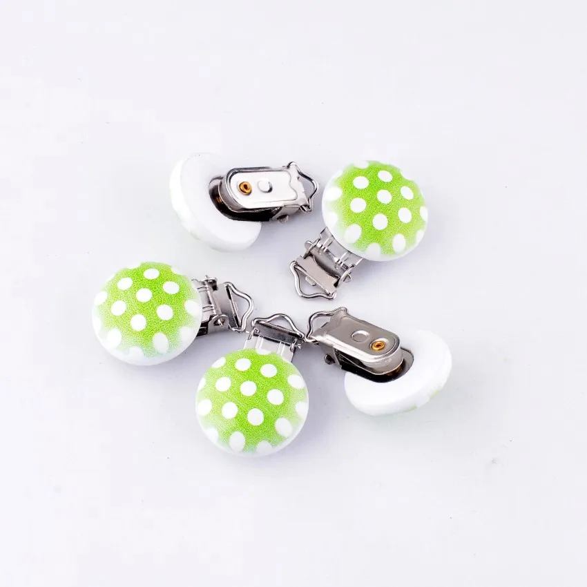 

5PCs Baby Pacifier Clips Mixed Green Dot Pattern White Wood Metal Holders Cute Infant Soother Clasps Accessories 4.4x2.9cm