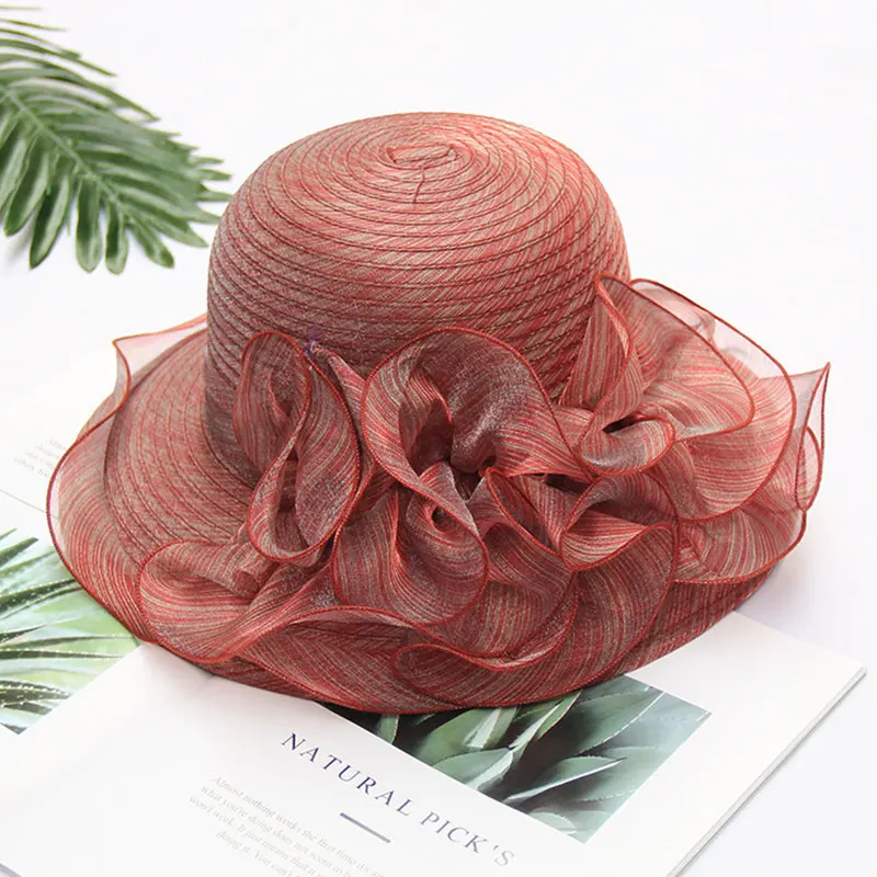 FS розовая Пляжная Шляпа Fedora, летняя женская элегантная складная шляпа с широкими полями, шляпы от солнца, церковные вечерние шляпы Foppy - Цвет: Wine Red