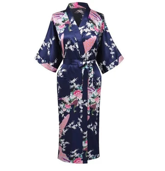 

Navy Blue Summer Vintage Rayon Satin Robe Gown Women's Sexy Kimono Yukata Gown Sleepwear Peacock Size S M L XL XXL XXXL A-107