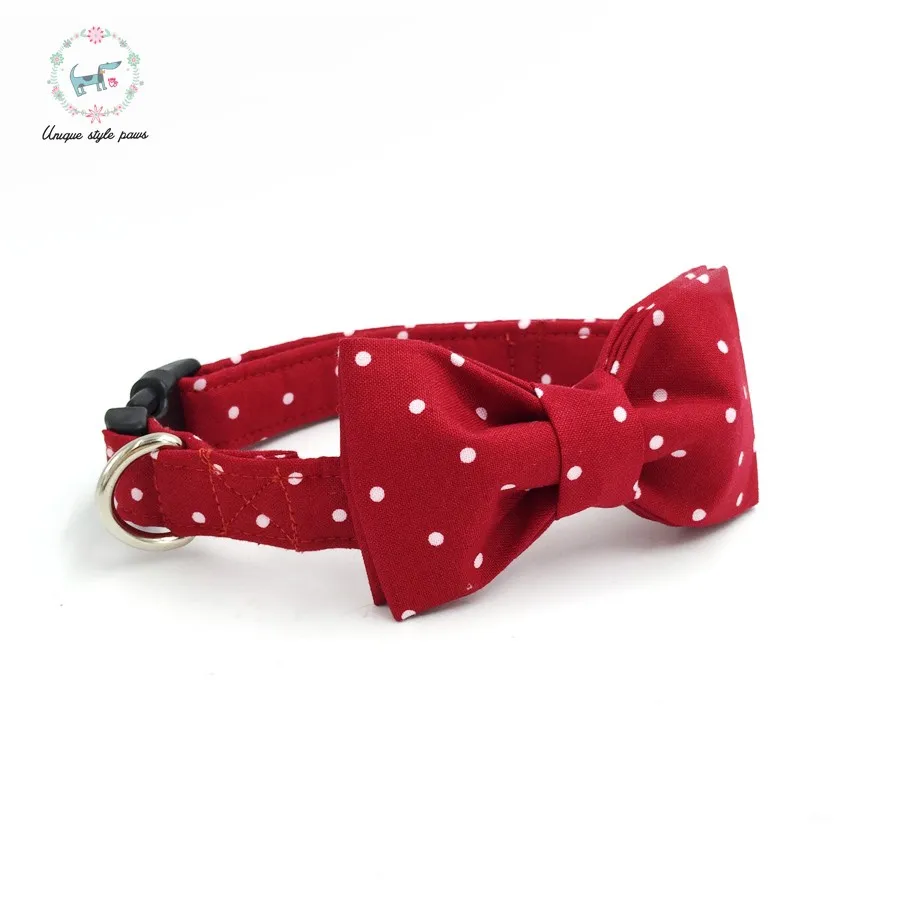 

Unique Style Paws Red Dot Dog Collar and Bowtie Set attached Leash Pure Cotton for Pets