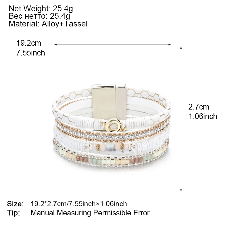 Amorcome White Leather Bracelets for Women Rhinestone Crystal Metal Charm Wide Multilayer Wrap Bracelets & Bangles Jewelry