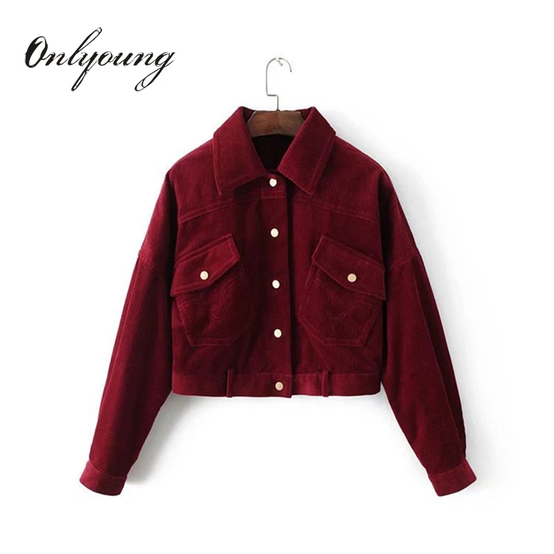 Onlyoung 2017 Autumn Women Corduroy Jacket Coat Casual Outwear Pocket Button Long Sleeve Vintage Short Basic Jackets