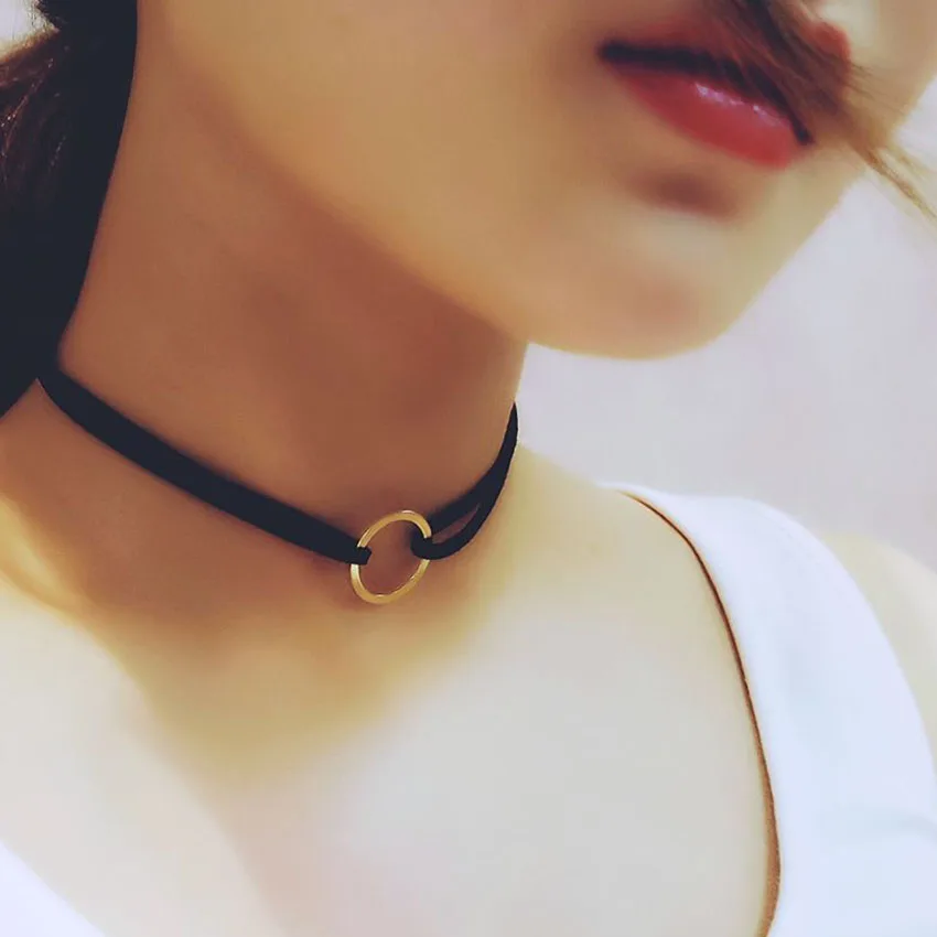 2016 Simple Black Velvet Choker Necklace Gold Circle Chocker Chokers