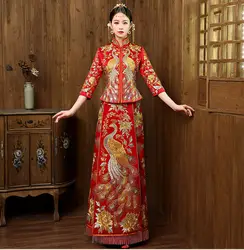 Красный традиционное китайское платье невесты феникс вышивка Cheongsam свадебное Ципао с длинным рукавом Oriental Стиль вечерние платья Qi Pao