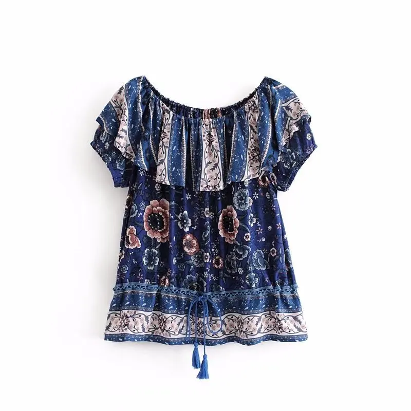2018 Summer Loose Positioning Printing Lotus Leaf Slash Neck Shirt Short Sleeve Blouse Female Blusas 8072 |