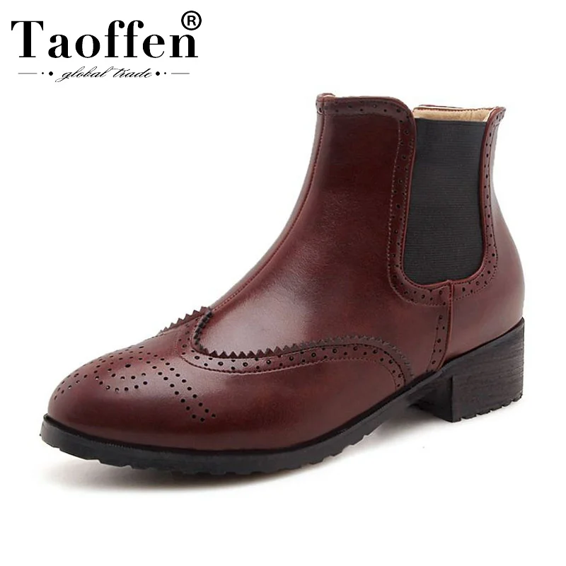 

Taoffen British Style Women Ankle Boots Elastic Band Round Toe Brogue Shoes Autumn Winter Warm Fur Chelsea Boots Size 32-43