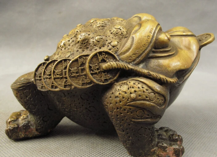 

song voge gem S4726 Folk Chinese Bronze FengShui Wealth Coin 3 Feet Hoptoad Toad Statue Animals